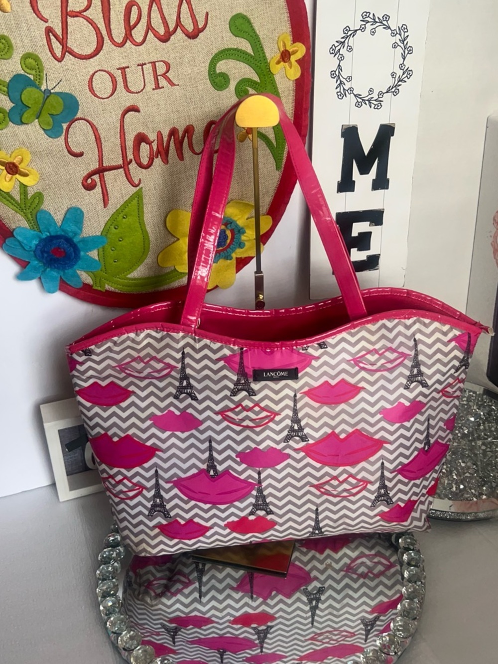 Lancome Pink and Gray Lip & Eiffel Tote bag
